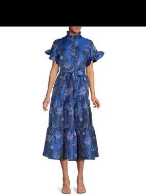 Ruffled High-Neck Blue Floral Midi Dress with Waist Tie